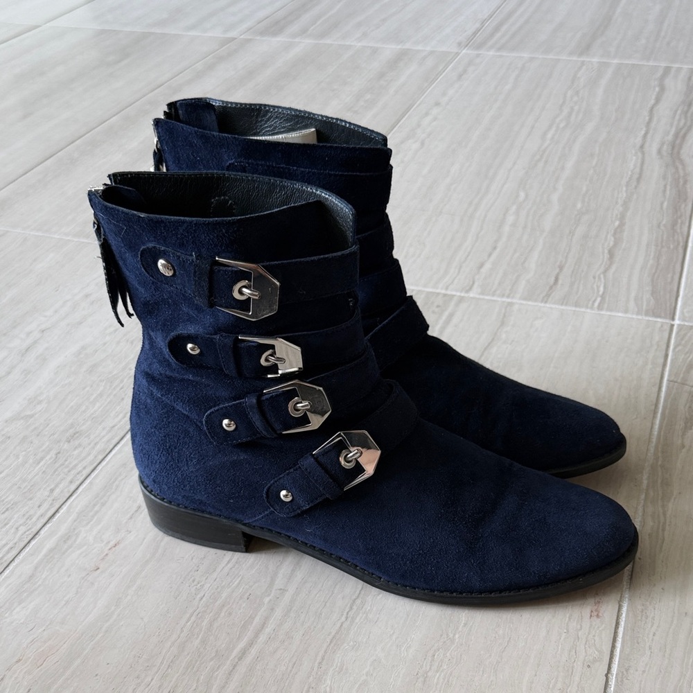 Stuart Weitzman Navy Suede Buckle Ankle Boots